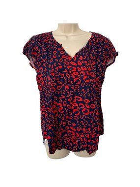 Escapada Cheetah Corey Top Womens Navy Orange Short Cap Sleeve Pullover Size M